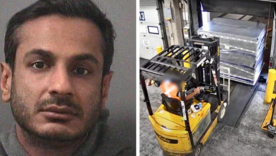 Collage: left side shows a mugshot-style portrait of a man with short dark hair; right side shows a yellow forklift operating in a warehouse.]