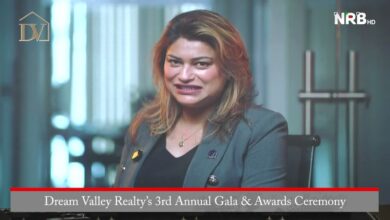 Woman in a gray blazer smiling as she’s interviewed at Dream Valley Realty’s 3rd Annual Gala & Awards Ceremony, NRB HD logo in the corner.
