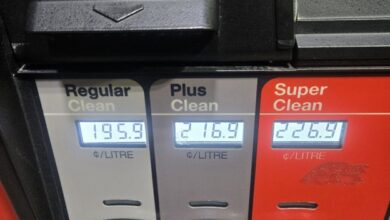 Gas pump with three price panels for Regular, Plus, and Super Clean gasoline; octane levels 87, 89, and 91 visible beneath the nozzles.