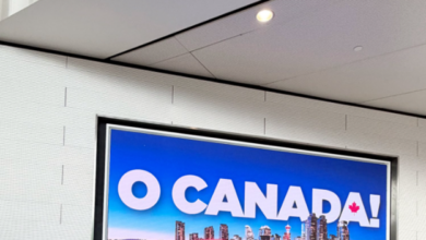 Framed 'O CANADA!' poster with blue sky and city skyline on a light wall.