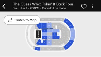Seating map for The Guess Who at Canada Life Place, stage left; blue sections on the right; 'Switch to Map' button.