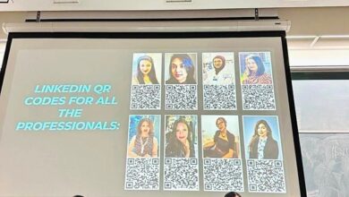 Panel of seven women seated on a stage while a projector screen shows a slide reading 'LinkedIn QR codes for all the professionals' with headshots and QR codes in a grid.