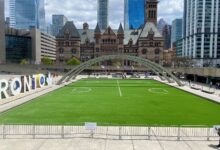 Toronto sign and artificial turf field at Nathan Phillips Square with Old City Hall and tall glass skyscrapers in the background.