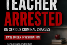 News banner announcing a female teacher's arrest on serious charges, with 'Case Under Investigation' label, crime-scene tape, and a desk with an apple in the background.