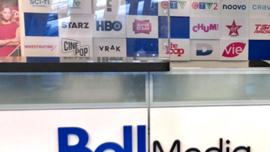 Bell Media Studios reception with a wall of TV channel logos behind a glass counter.