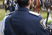 Police officers in ceremonial uniforms at an outdoor event, with riders on horses in the background.