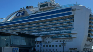 Large white cruise ship with blue stripes docked at a port, passengers gathered near the terminal building.