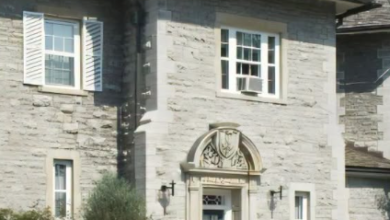 Stone mansion with a carved arched entryway, light-framed windows, and flowering shrubs along a driveway under a blue sky.